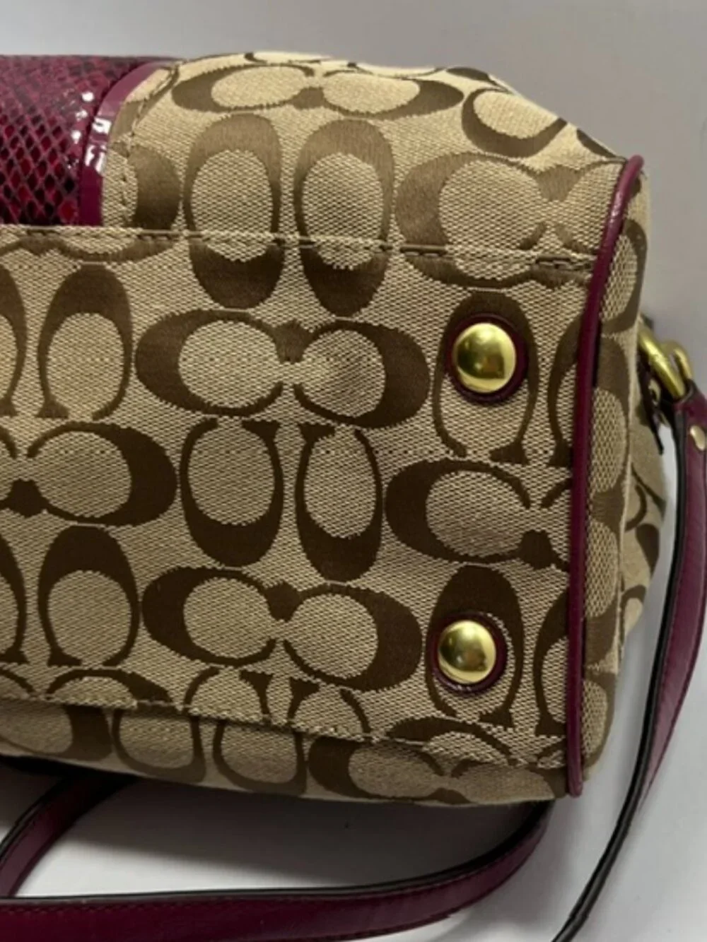 Coach Signature Stripe Python Satchel F24884 in Khaki w/Raspberry Python w/COA